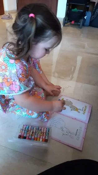 A little girl colouring in a book